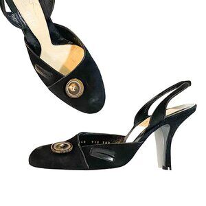 Y2K never worn Michel Perry Black Suede Sling Back Pumps with Button Size 38.5EU